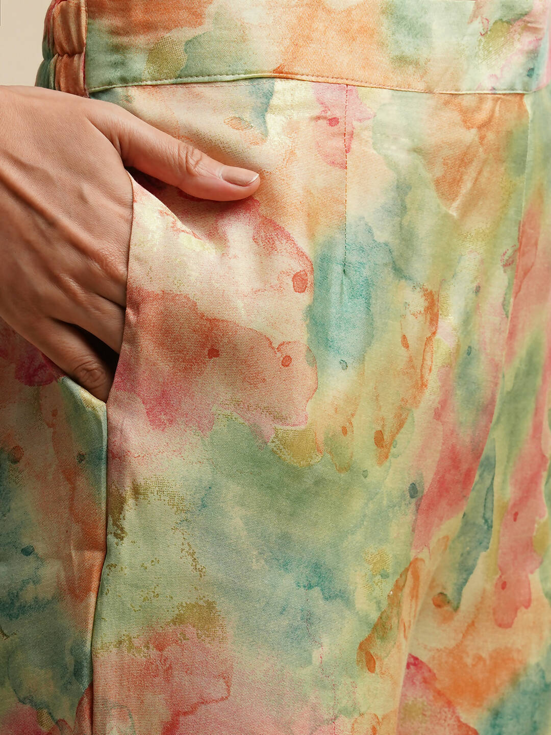 Light Green & Orange Poly Rayon Tie and dye Printed Top with Matching Trouser - Shivani | Grocsy