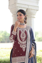 Joban Fashion Maroon Kurta Set Silk Sequins , Zari, Coding & Thread Embroidered work | Grocsy