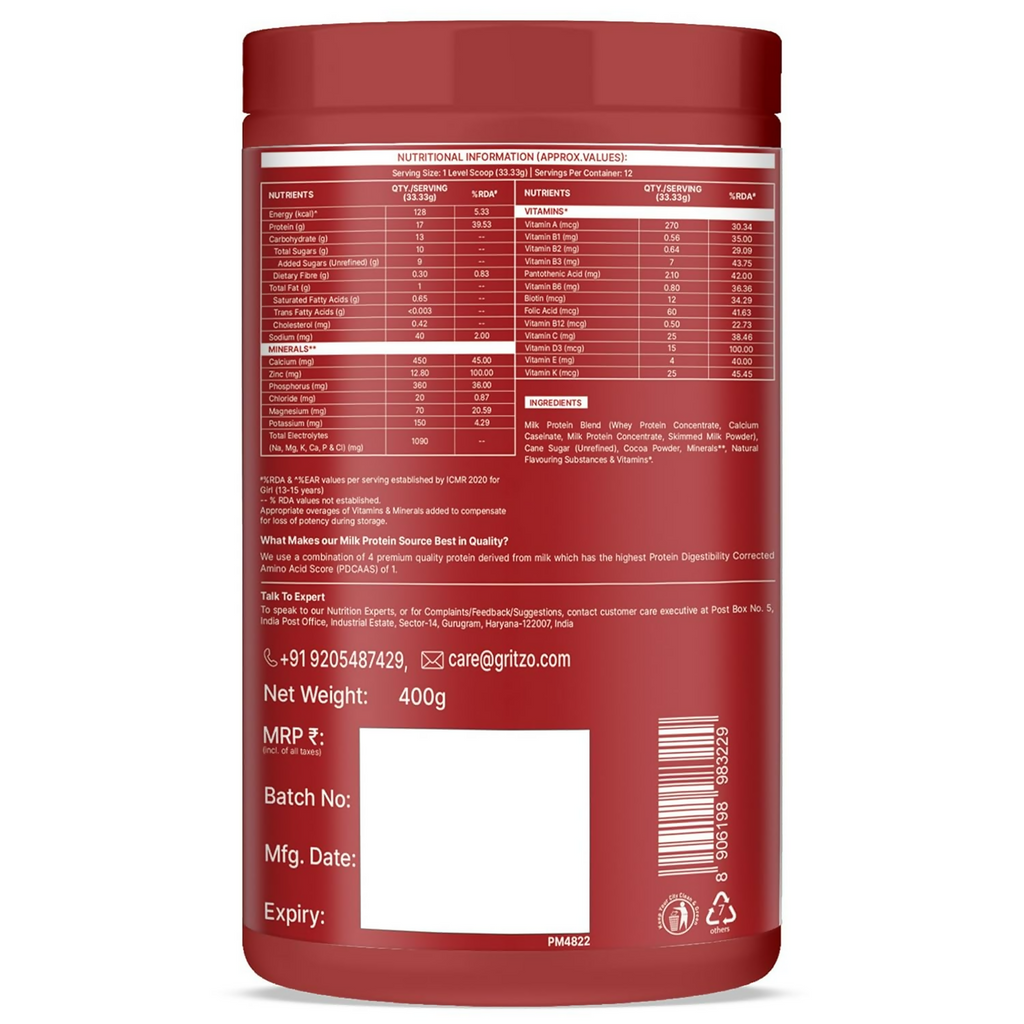 Gritzo SuperMilk Athlete Iron Man (13+y Boy & Girl), 17g Protein Powder (Double Chocolate) | Grocsy