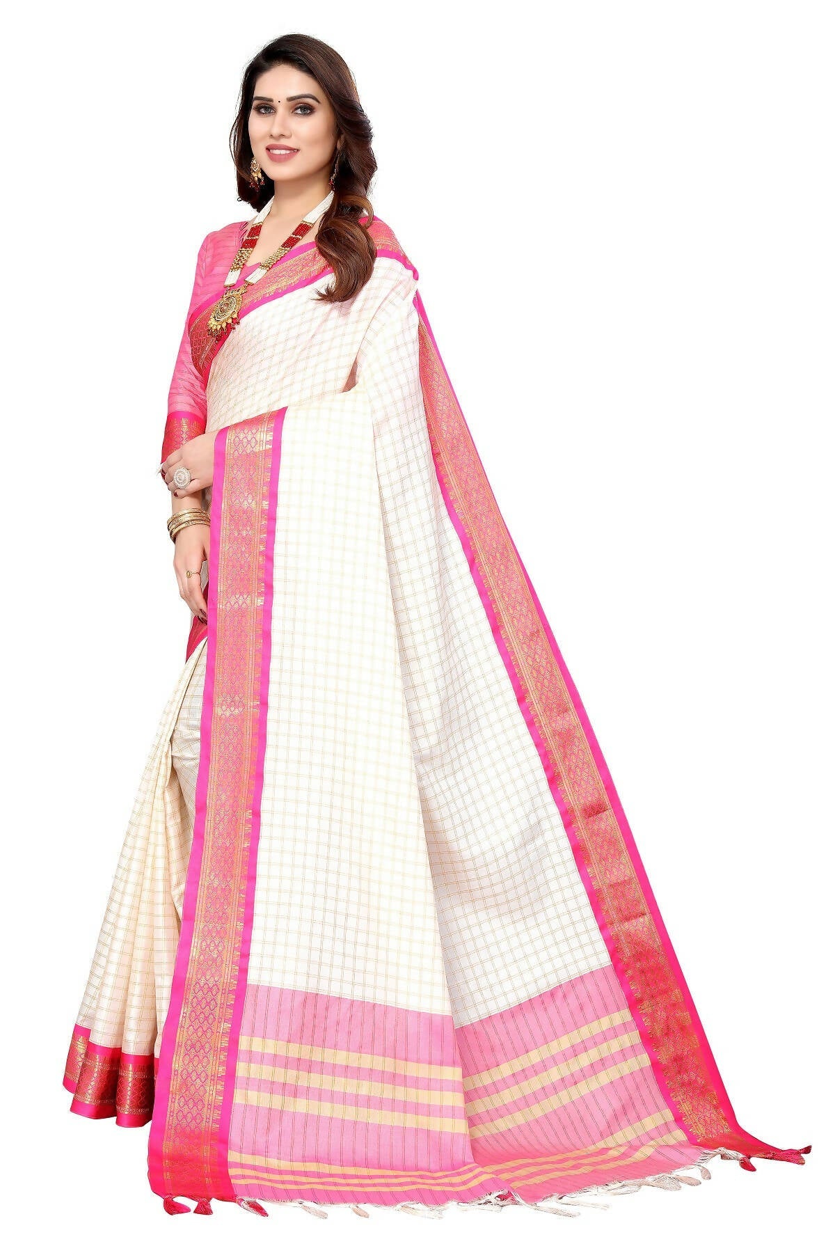 Vamika Weaving White Cotton Silk Saree (DEVAL PINK) | Grocsy