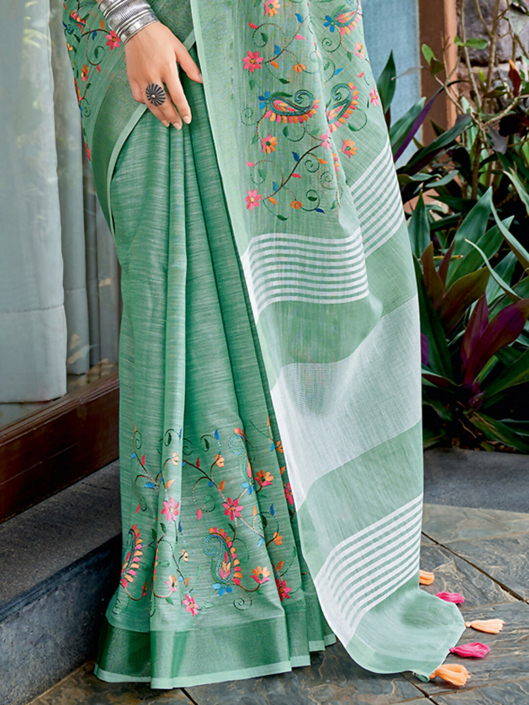 Shree Shyam Fashion Linen Sea Green Saree | Grocsy