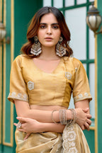 Vastranavya Beige Embroidery Work Shimmer Chiffon Saree with Unstitched Blouse | Grocsy