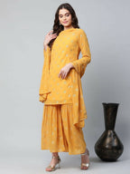 Ahalyaa Womens Mustard Georgette Gold Foil Printed Kurta Sharara Set With Dupatta | Grocsy