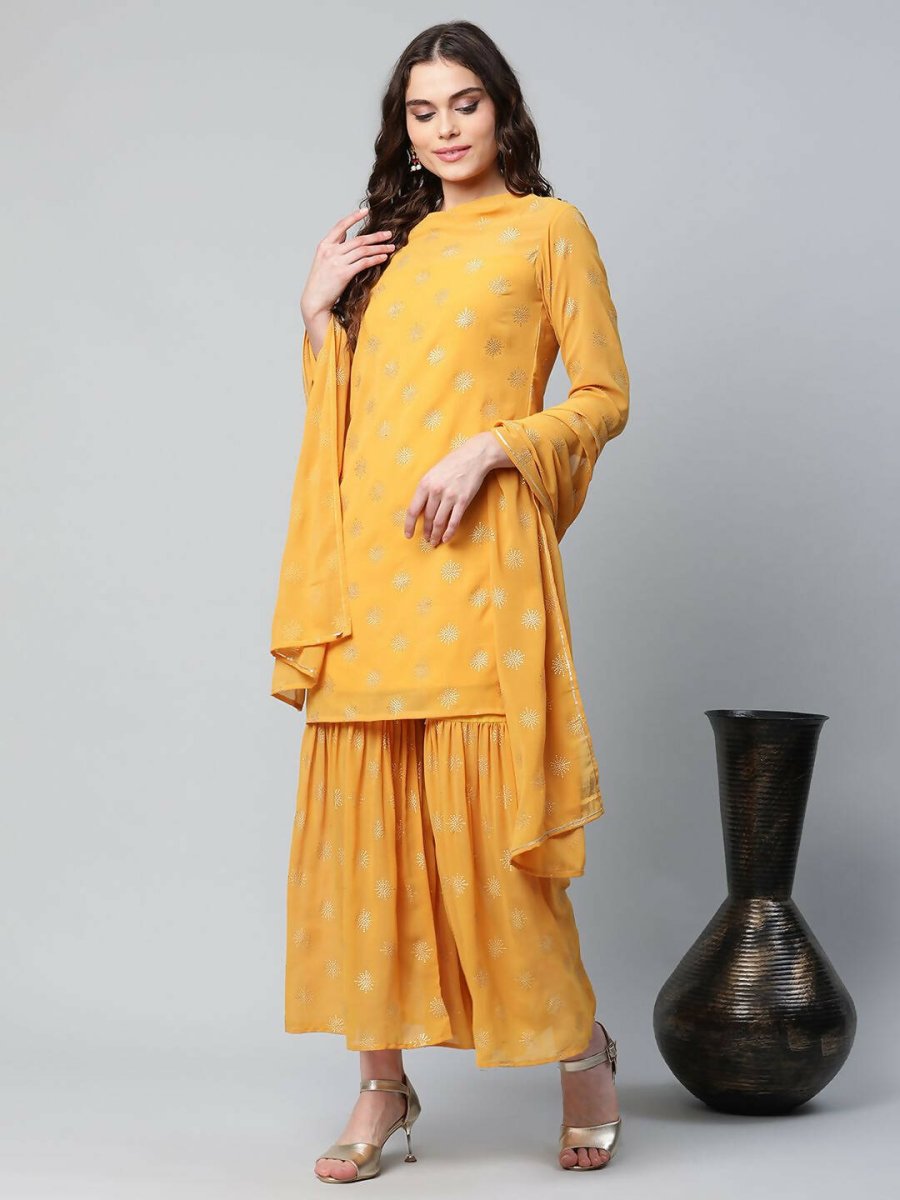 Ahalyaa Womens Mustard Georgette Gold Foil Printed Kurta Sharara Set With Dupatta | Grocsy