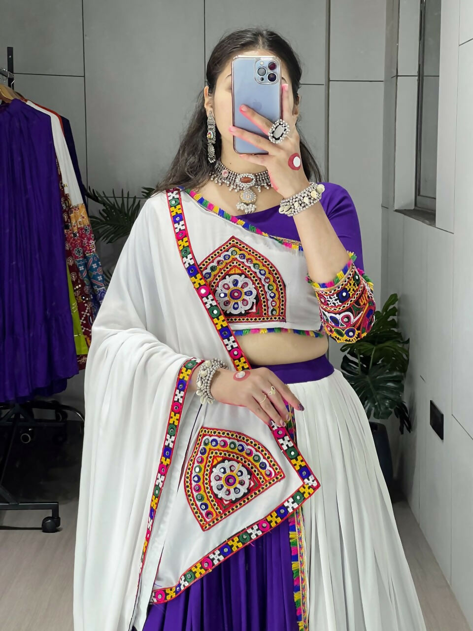 Yash Enterprise Purple White Rayon Cotton Embroidery Semi Stitched Navratri Top Chaniya Choli | Grocsy
