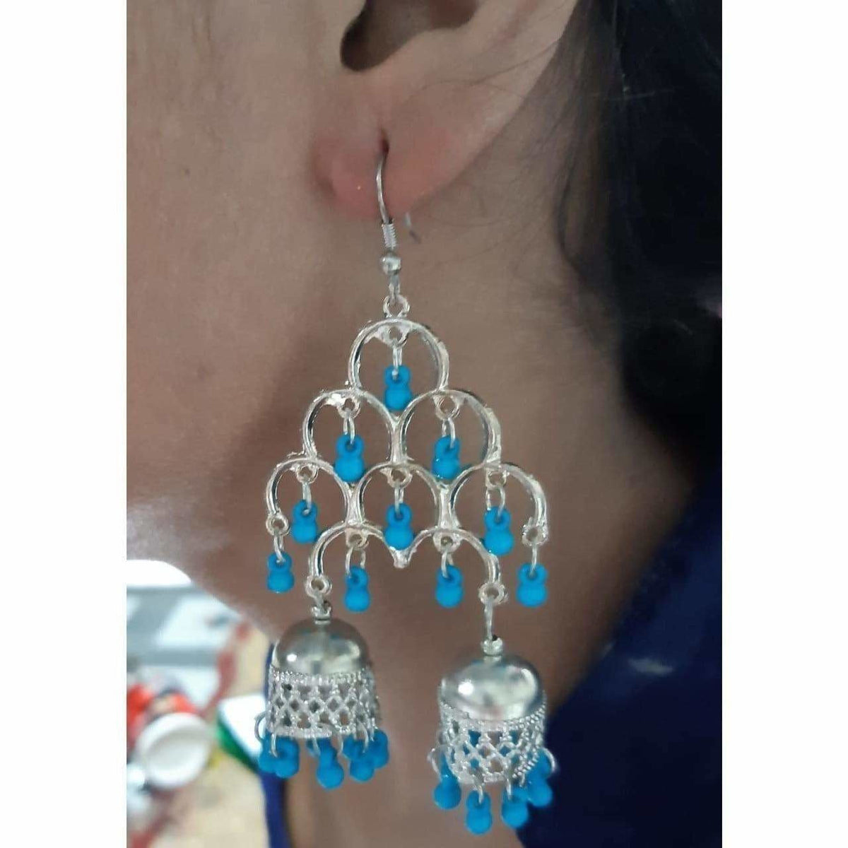 MS Fashion India Silver Oxidized Fashion Traditional Double Jhumka Long Blue Pearls Earrings | Grocsy