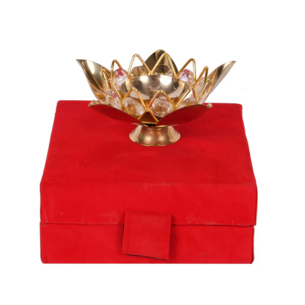 CraftVatika Brass Crystal Lotus Shape Diya Deepak With Gift Box | Grocsy