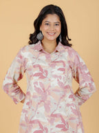 Aramya Pink Linen Cotton Foliage High Low Kurta for Women | Grocsy