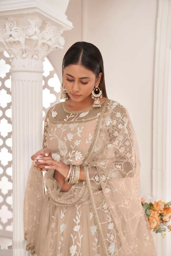 Aastha Fashion Dusty Chiku Butterfly Net White Cotton Thread Work, Zari Work And Sandwich Sequence Work Embroidery Wedding Wear Lehenga Choli | Grocsy