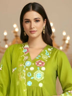 The52 Women's Beautiful Embroidery Work Viscose Silk Fabric Flared Kurta Pant and Dupatta Set-Liril | Grocsy