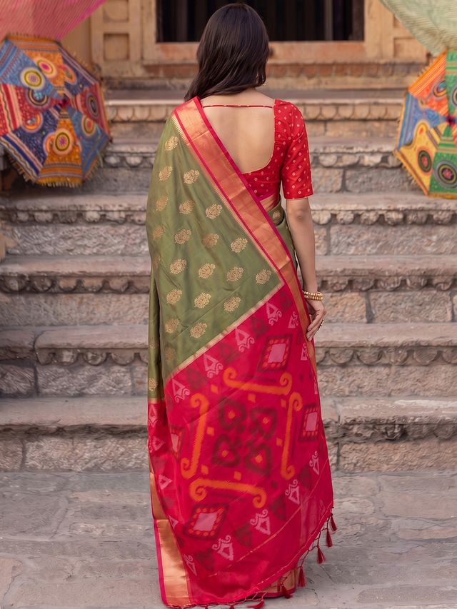 Shree Shyam Fashion Olive Green & Red Woven Work Soft Silk Fabric Festive Wear Saree With Blouse | Grocsy