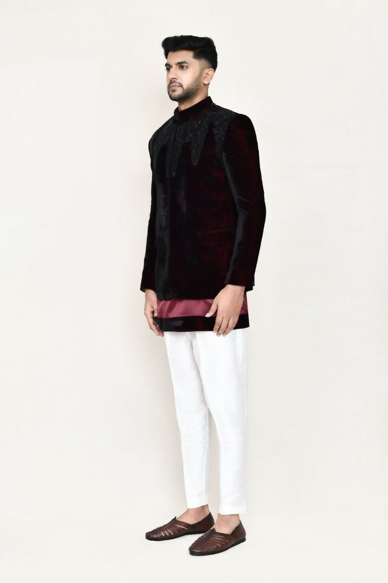 Joban Fashion Maroon Colored Satin Silk Fabric Open Prince Coat, Kurta With Straight Fit Pant | Grocsy