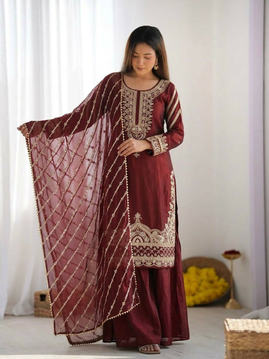 Teeya Creation Womens New Trendy Stylish Fancy Embroidery Beads Work Kurta Sharara Set For Wedding Wear - Red | Grocsy