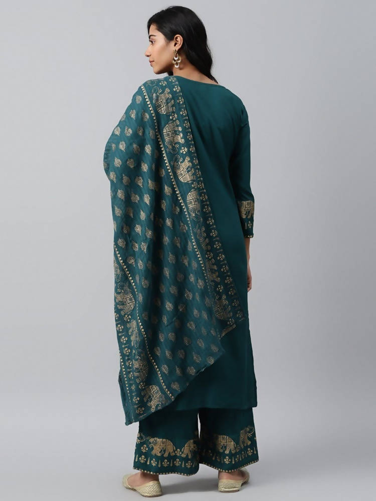 Yufta Women Green And Golden Pure Cotton Solid Kurta with Palazzo and Dupatta | Grocsy