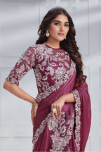 Magenta Crepe satin silk Cord & Sequence Embroidered with Stone work Saree - Mohmanthan Majestica | Grocsy