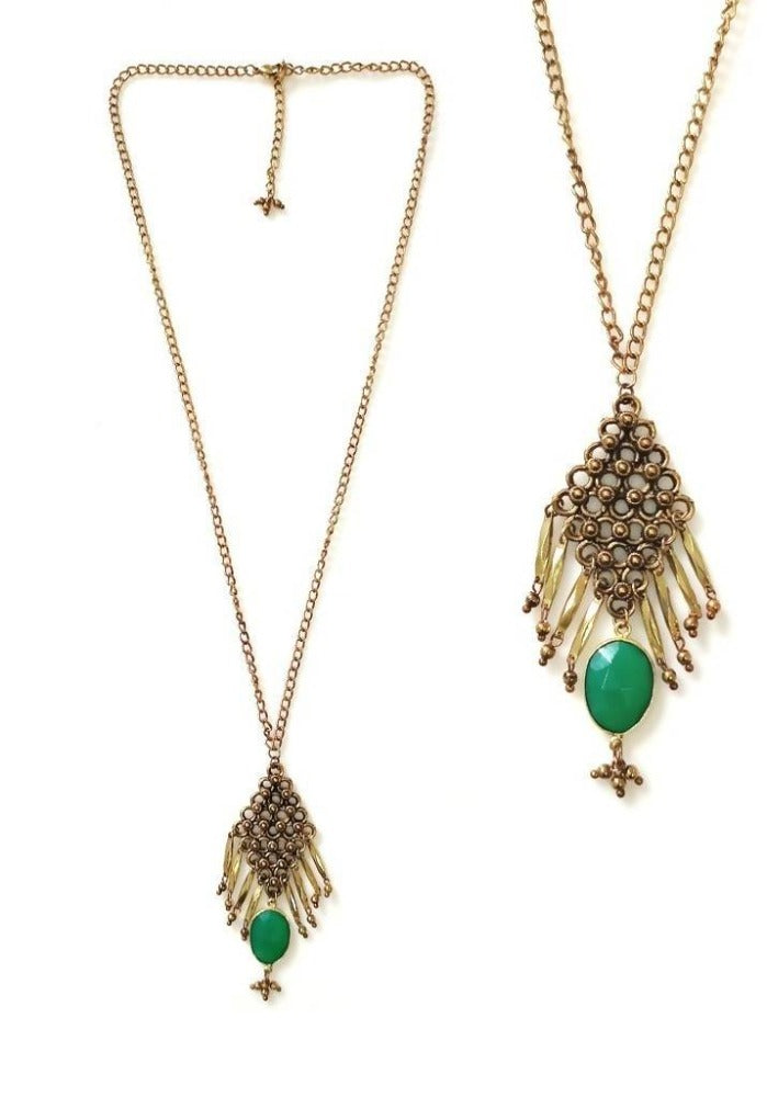 Bling Accessories Antique Brass Finish Metal Long Necklace with Emerald Green Onyx Natural Stone | Grocsy