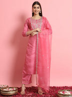Vellora Blush Pink Silk Blend Readymade Suit with Embroidery Details | Grocsy