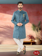 Joban Fashion Men's Blue Straight Imported Tr Self-Design In Fabric Indo-Western Kurta Set | Grocsy