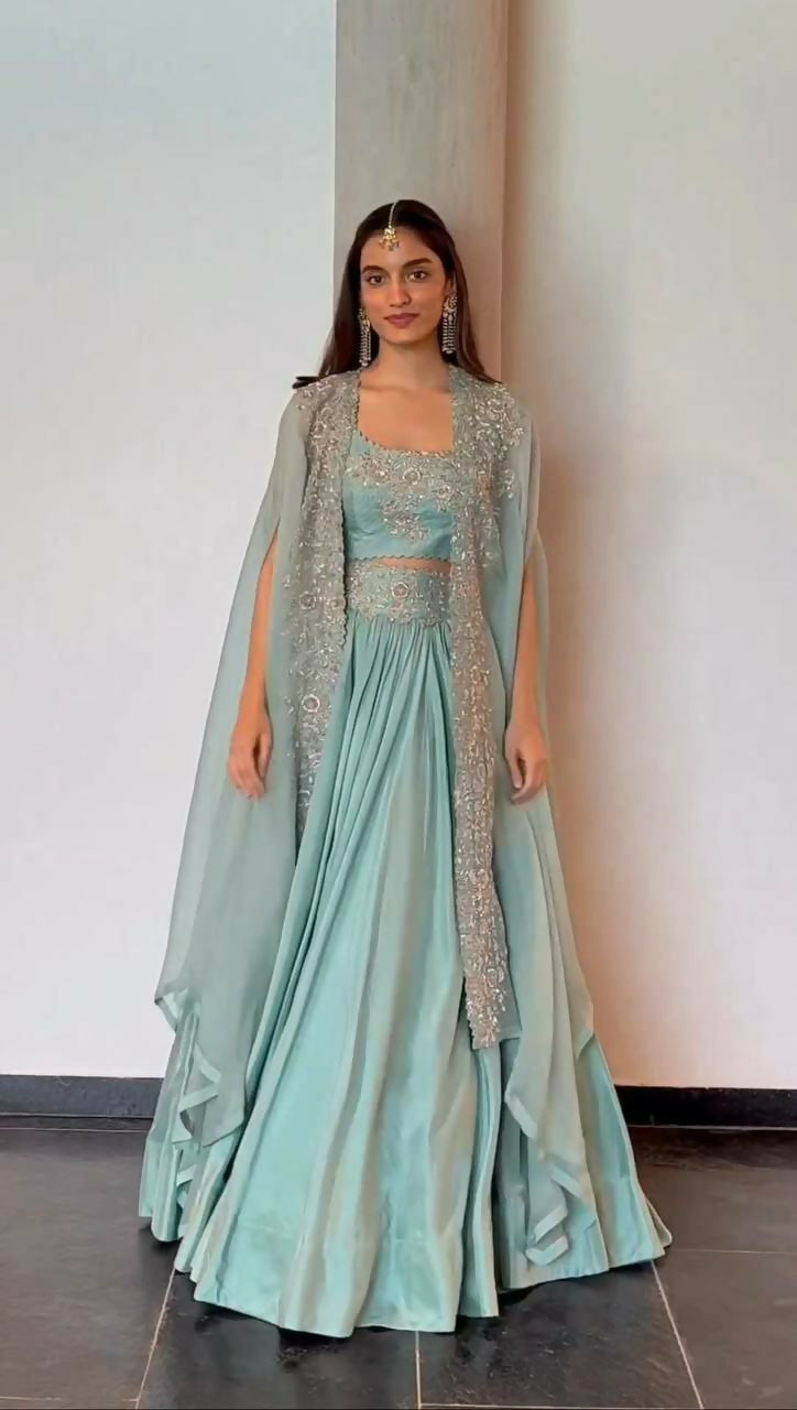 Jyoti Fashion Women's Sky Blue Chinon Sequins with Thread Embroidered Designer Lehenga Choli with Shrug Set | Grocsy