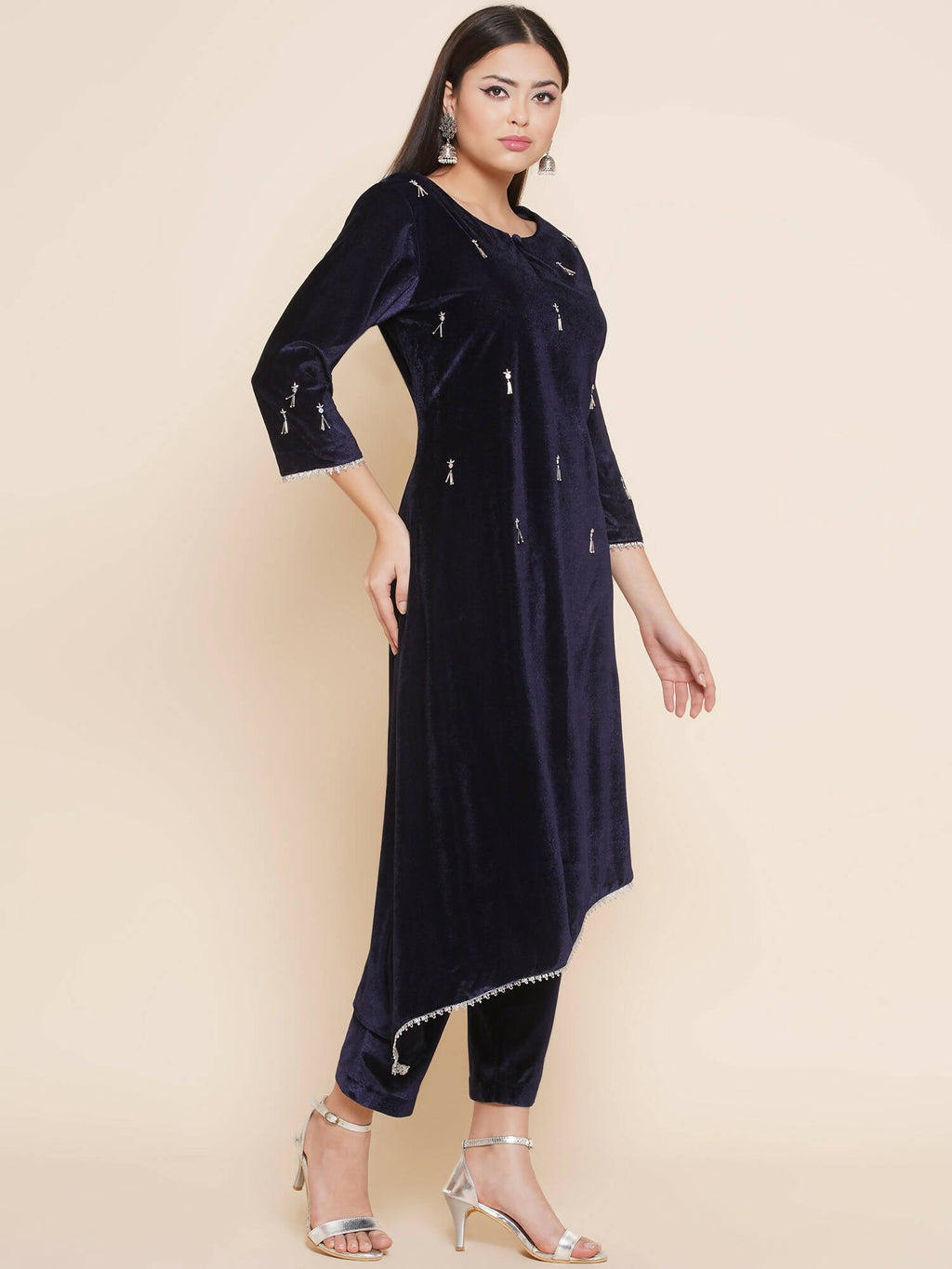 Women Republic Navy Blue Velvet Assymetrical Hand Embellished Kurta With Pants | Grocsy