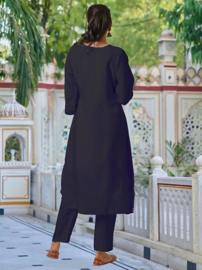 Partywear Designer Chanderi Black Stitched Suit With Dupatta - Tanisha | Grocsy
