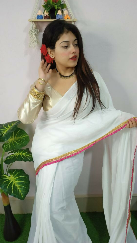 Exclusive Collection Beautiful Khadi Cotton Handloom Saree With Beautiful Zari Border - White | Grocsy