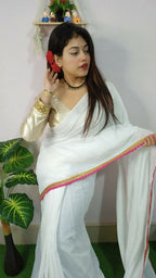 Exclusive Collection Beautiful Khadi Cotton Handloom Saree With Beautiful Zari Border - White | Grocsy