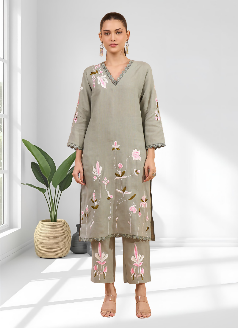 Joban Fashion Pista Green Linen Embroidered Readymade Long Kurta With Pant | Grocsy