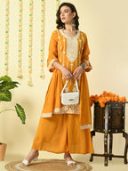 Myshka Women's Mustard Georgette Kurta & Palazzos With Dupatta Party Sets | Grocsy