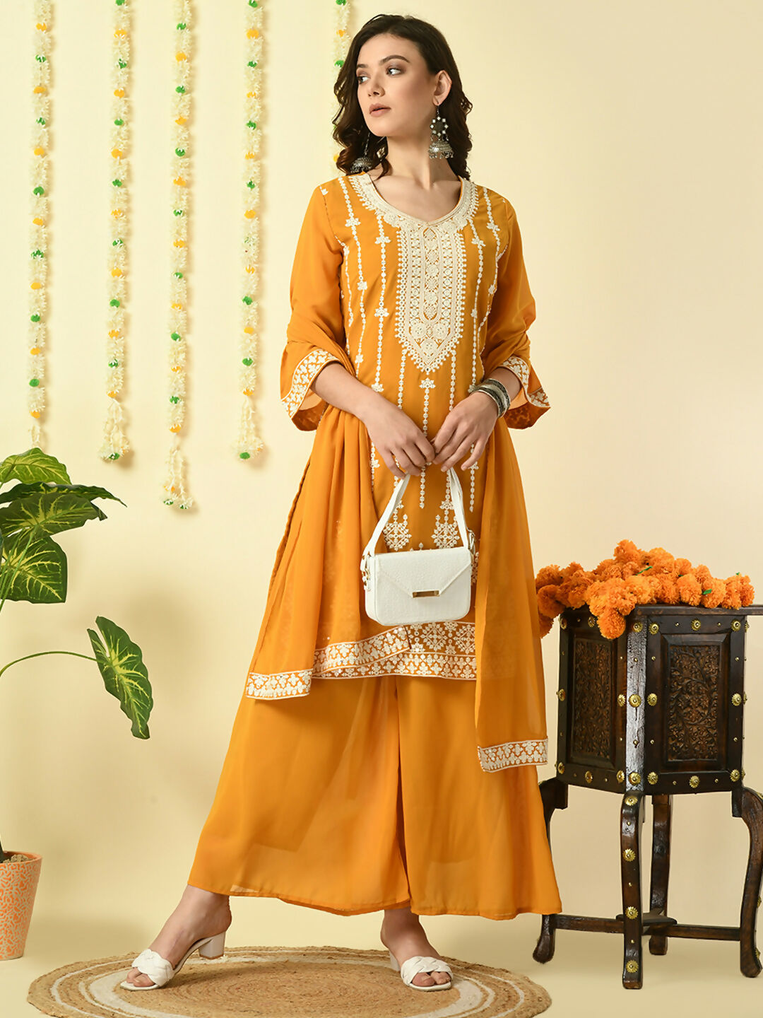 Myshka Women's Mustard Georgette Kurta & Palazzos With Dupatta Party Sets | Grocsy