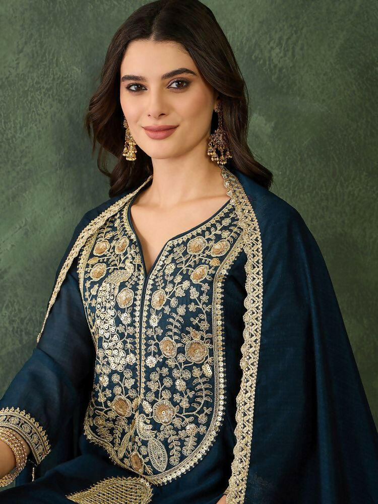 The52 Women's Beautiful Embroidery Work Vichitra Silk Fabric Flared Kurta Pant and Dupatta Set | Grocsy