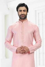 Raivat Ethnic Linen Cotton Thread Work Kurta Pajama In Pink Colour | Grocsy