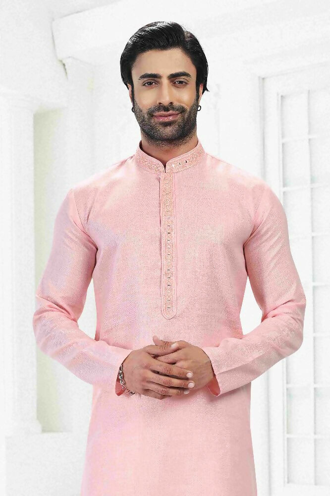 Raivat Ethnic Linen Cotton Thread Work Kurta Pajama In Pink Colour | Grocsy