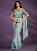 Sea Green Crepe Satin Silk Embroidered Saree With Stitched Blouse - Mohmanthan Exotica | Grocsy