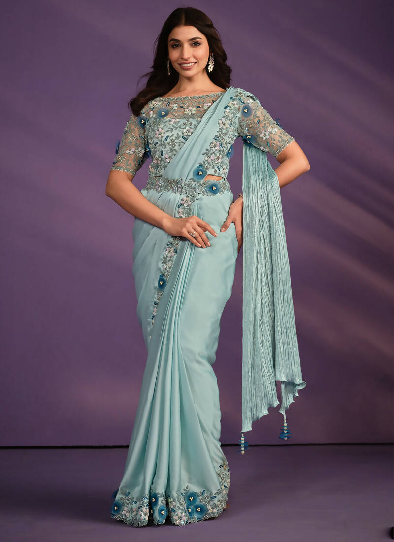 Sea Green Crepe Satin Silk Embroidered Saree With Stitched Blouse - Mohmanthan Exotica | Grocsy