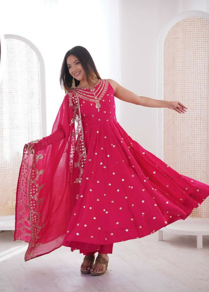 Teeya Creation Pink Color Roman Silk Embroidery Work Party Wear Gown | Grocsy