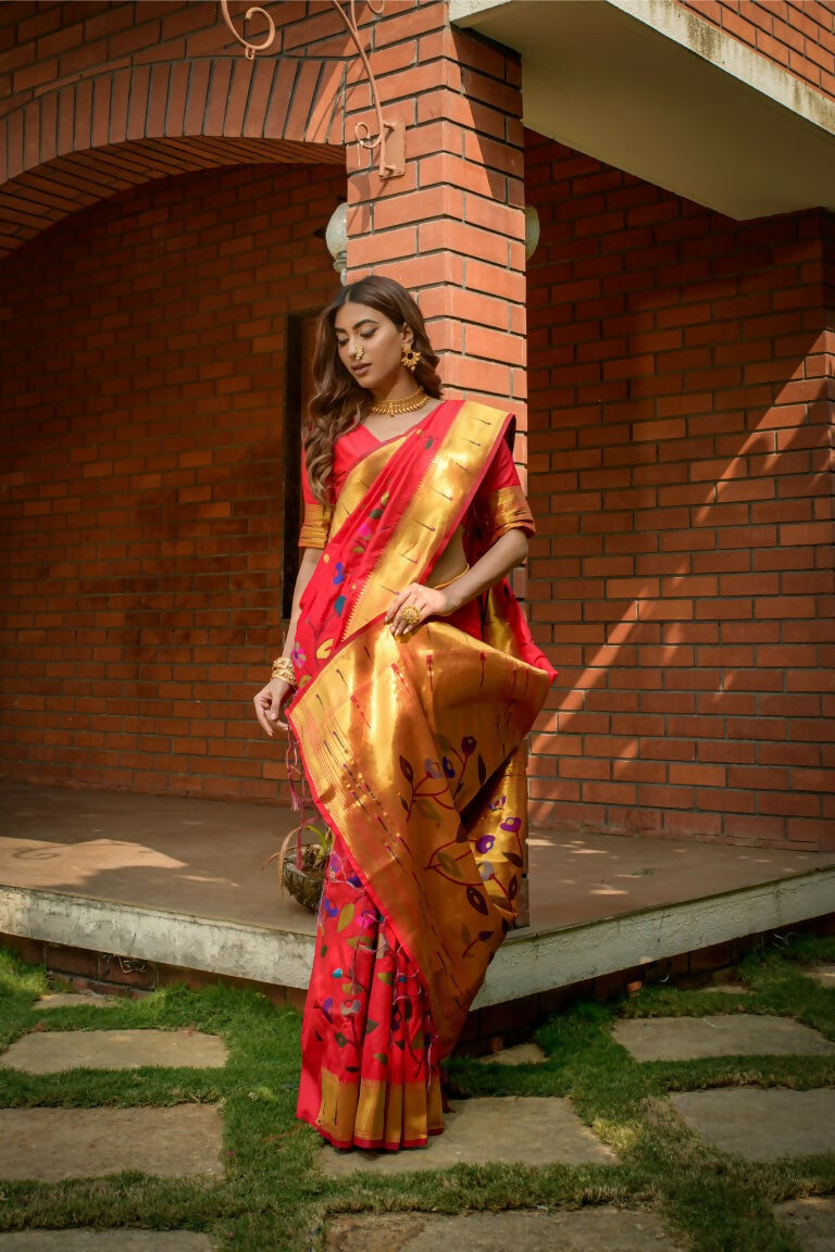 Jyoti Fashion Women's Gajri Red Paithani Silk Zari Woven Saree with Blouse | Grocsy