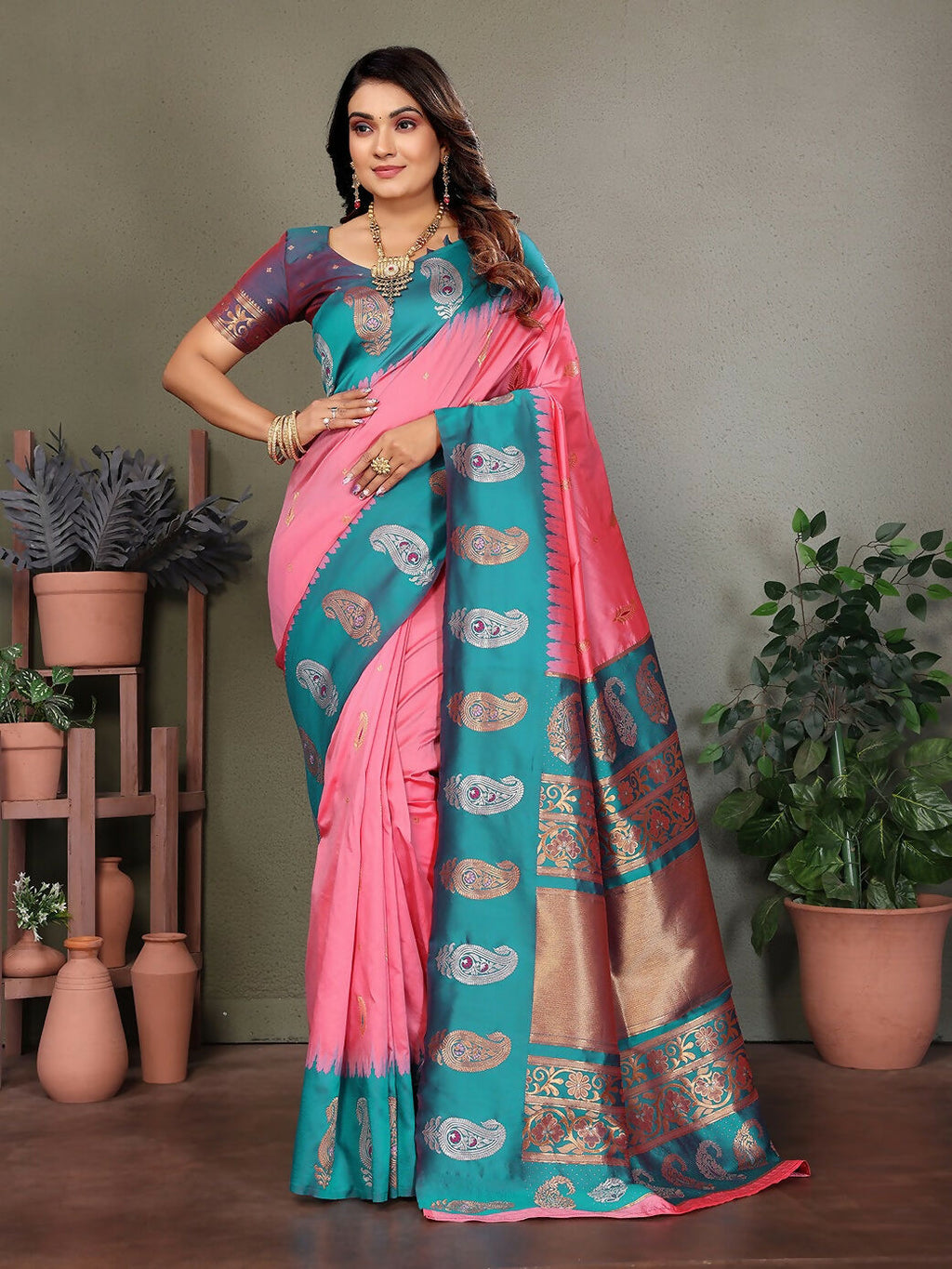 Joban Fashion Banarasi Baby Pink Butti Soft Silk Saree | Grocsy