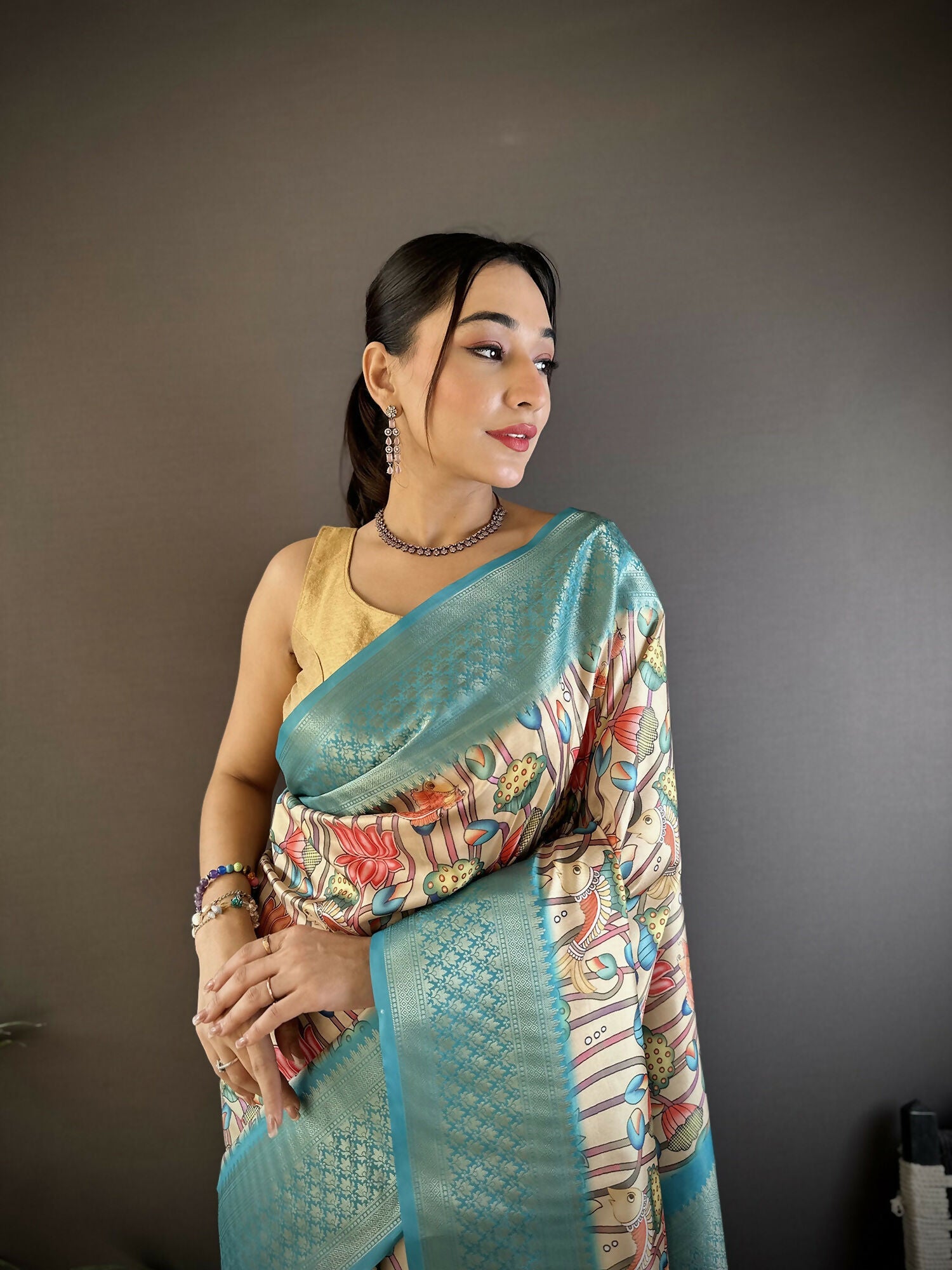 Joban Fashion Multi-Color Floral Digital Print Soft Lichi Silk Paithani Saree | Grocsy