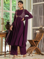 Janasya Purple Georgette Embroidered Kurta,Bottom & Dupatta | Grocsy
