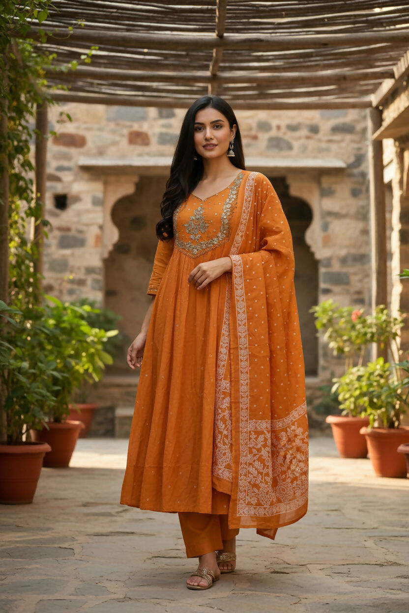 The52 Women's Beautiful Cotton Fabric Embroidery Work Flared Anarkali Pant and Dupatta Set | Grocsy