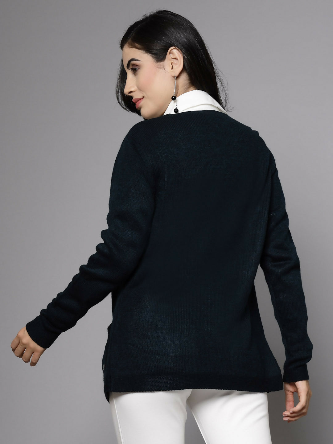 Women Teal Acrylic Solid Cardigan - Wool Trees | Grocsy