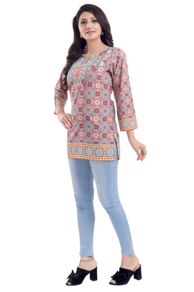 Snehal Creations Ash Gray Faux Crepe Short Kurti Tunic Top | Grocsy