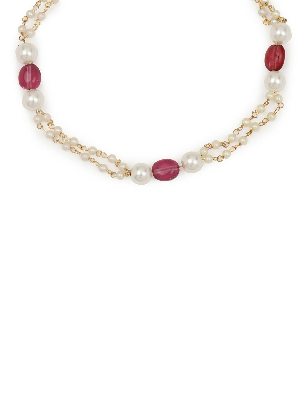 Gold-Polished Pink White Pearl Beaded Anklets Set Of 2 - Ruby Raang | Grocsy