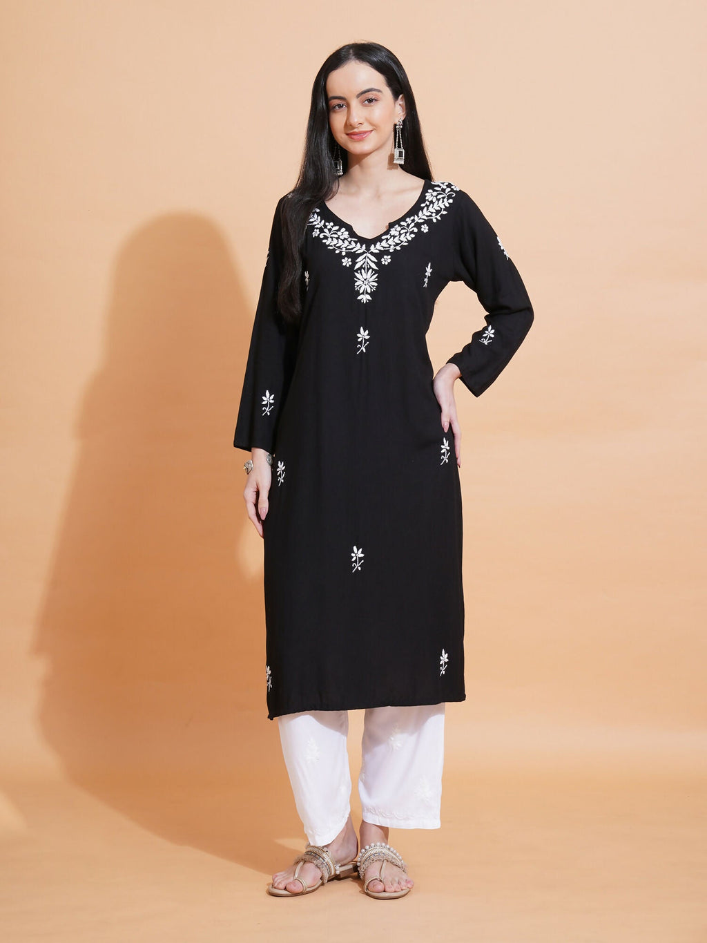 Pahnaz Luxury Rayon Chikankari Long Kurti-Black | Grocsy