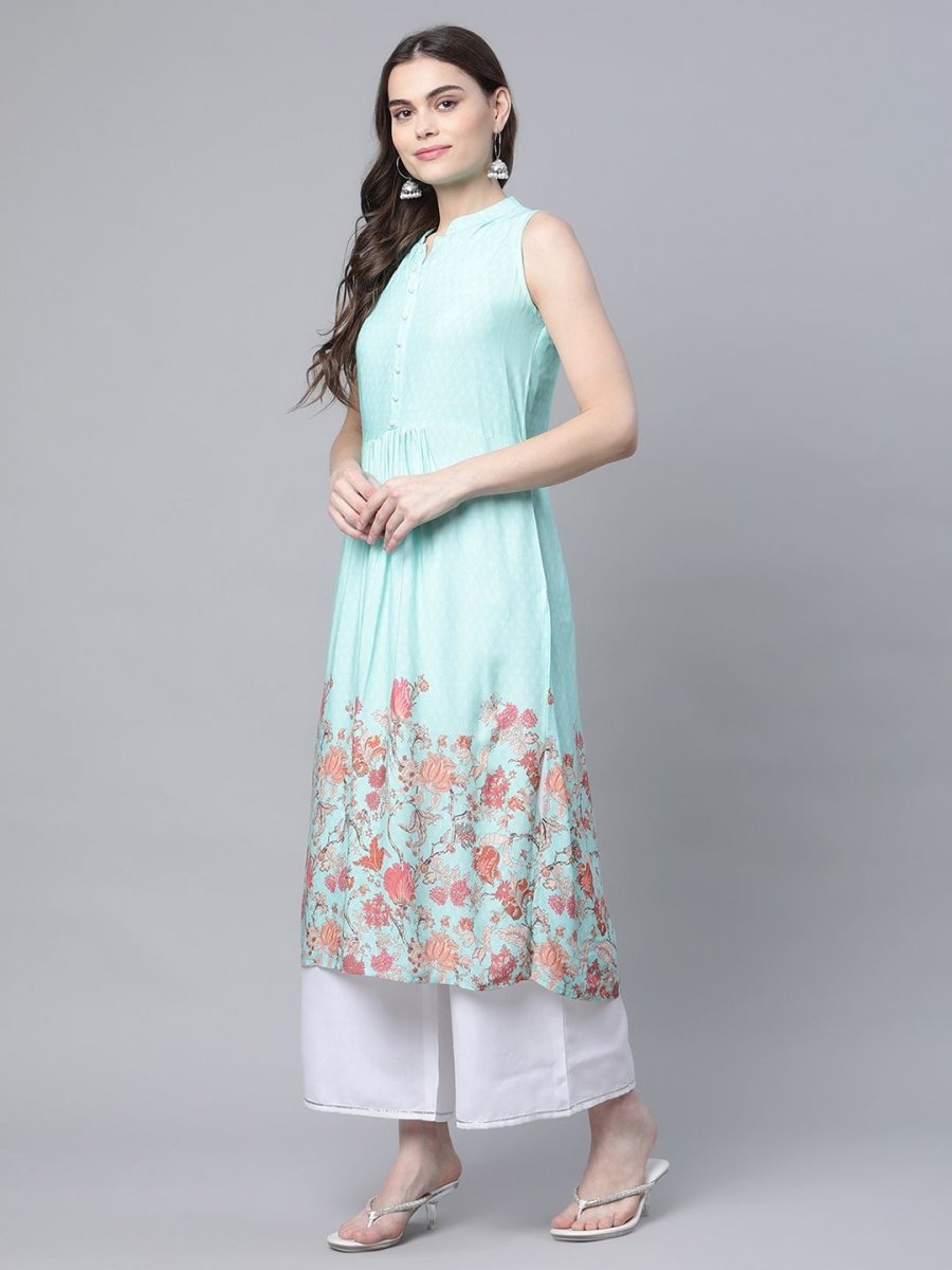 Ahalyaa Women's Sky Blue Rayon Printed Kurta Palazzo Set | Grocsy
