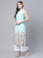 Ahalyaa Women's Sky Blue Rayon Printed Kurta Palazzo Set | Grocsy