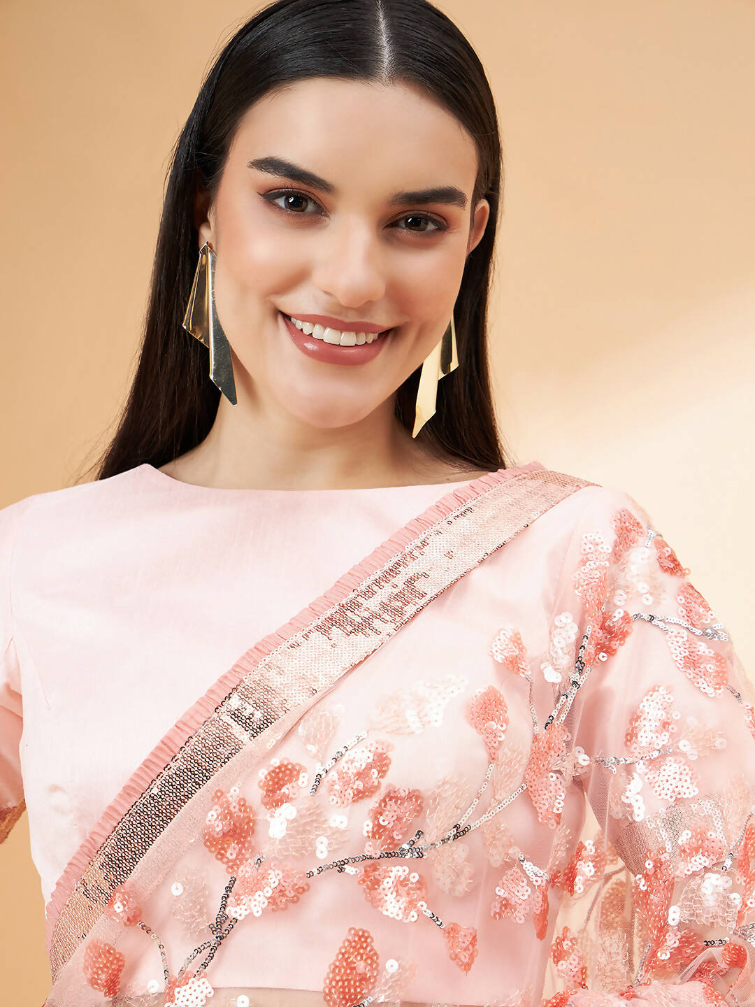 Peach Lycra Sequin Embroidery And Frills Saree - Norita Hit Design | Grocsy