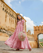 Designer Partywear Printed Pink Pure Maslin Gown - Anbazaar | Grocsy