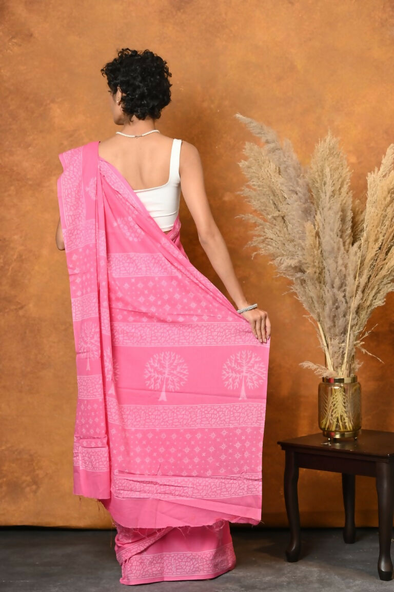 Very Much Indian Handblock Printed Cotton Saree With Natural Dyes - Pink | Grocsy